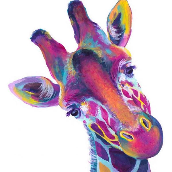 multicoloured giraffe painting on a white background