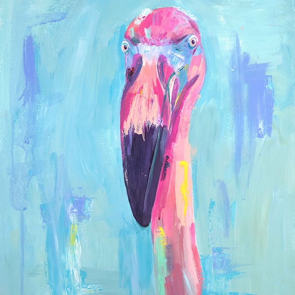 Pink painted flamingo on a light blue background