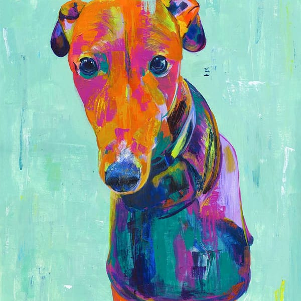 Orange Greyhound Giclee print Hal on a light teal background